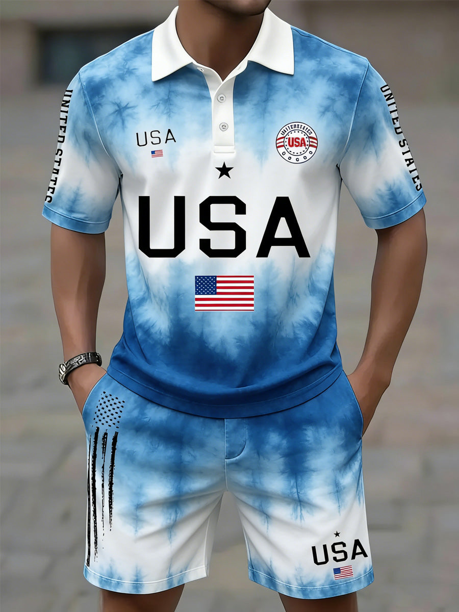 USA Flag Art Printed Resort Style Polo Shirt And Shorts Set