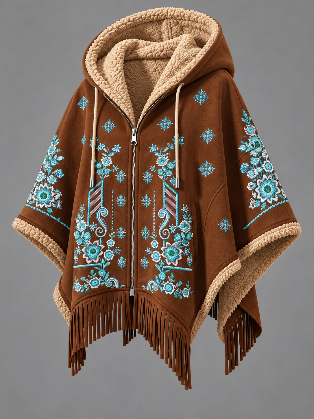 Women's Fall Winter Vintage Art Fleece-Lined Hooded Fringe Poncho