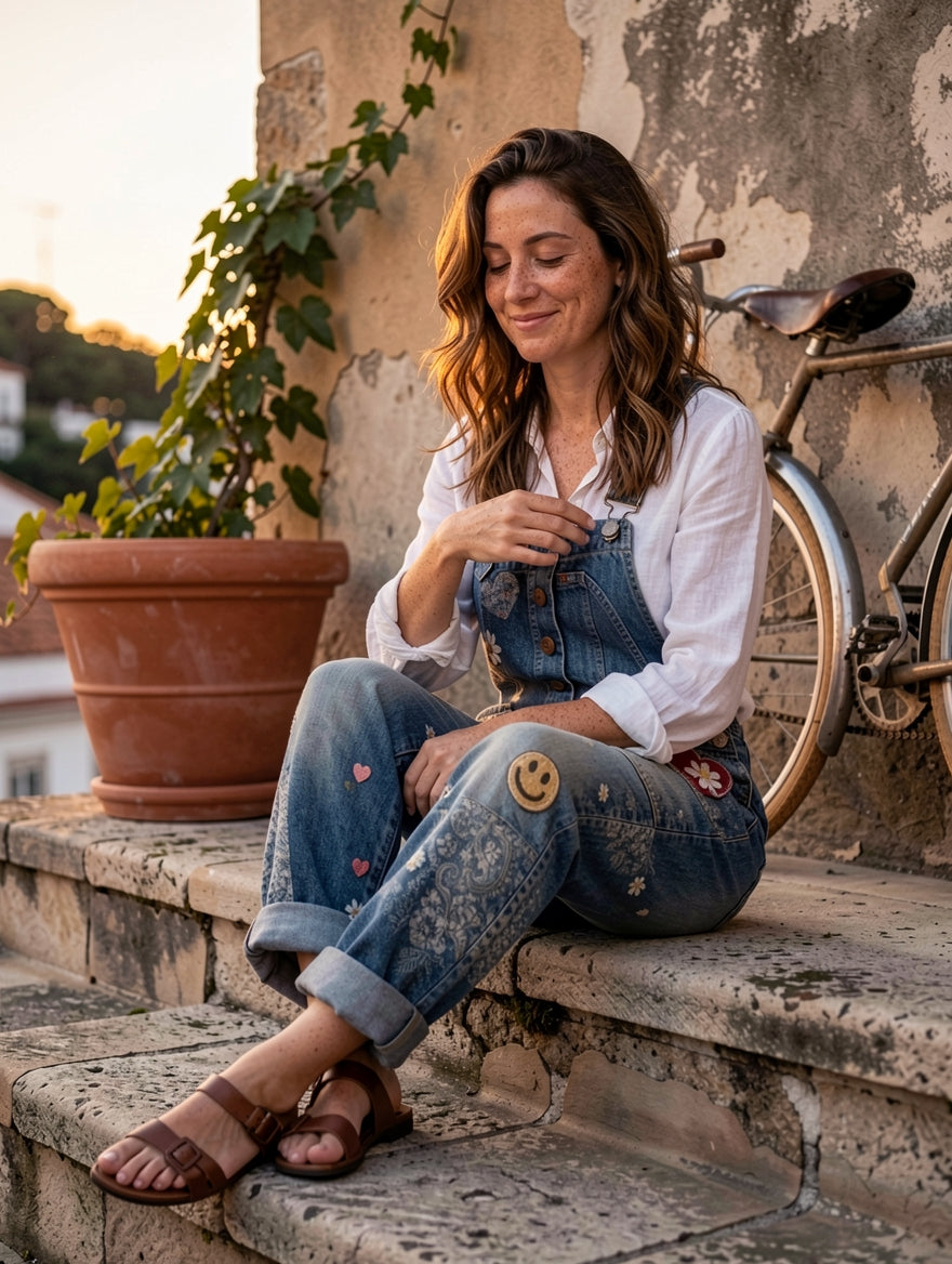 Women's Retro Floral Color-Blocked Art Print Washed Cotton Denim Patchwork Jumpsuit