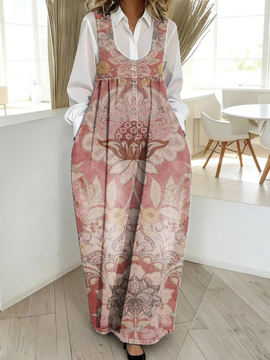 Women's Floral Art Print Washed Cotton Patchwork Pocket Shoulder Strap Dress