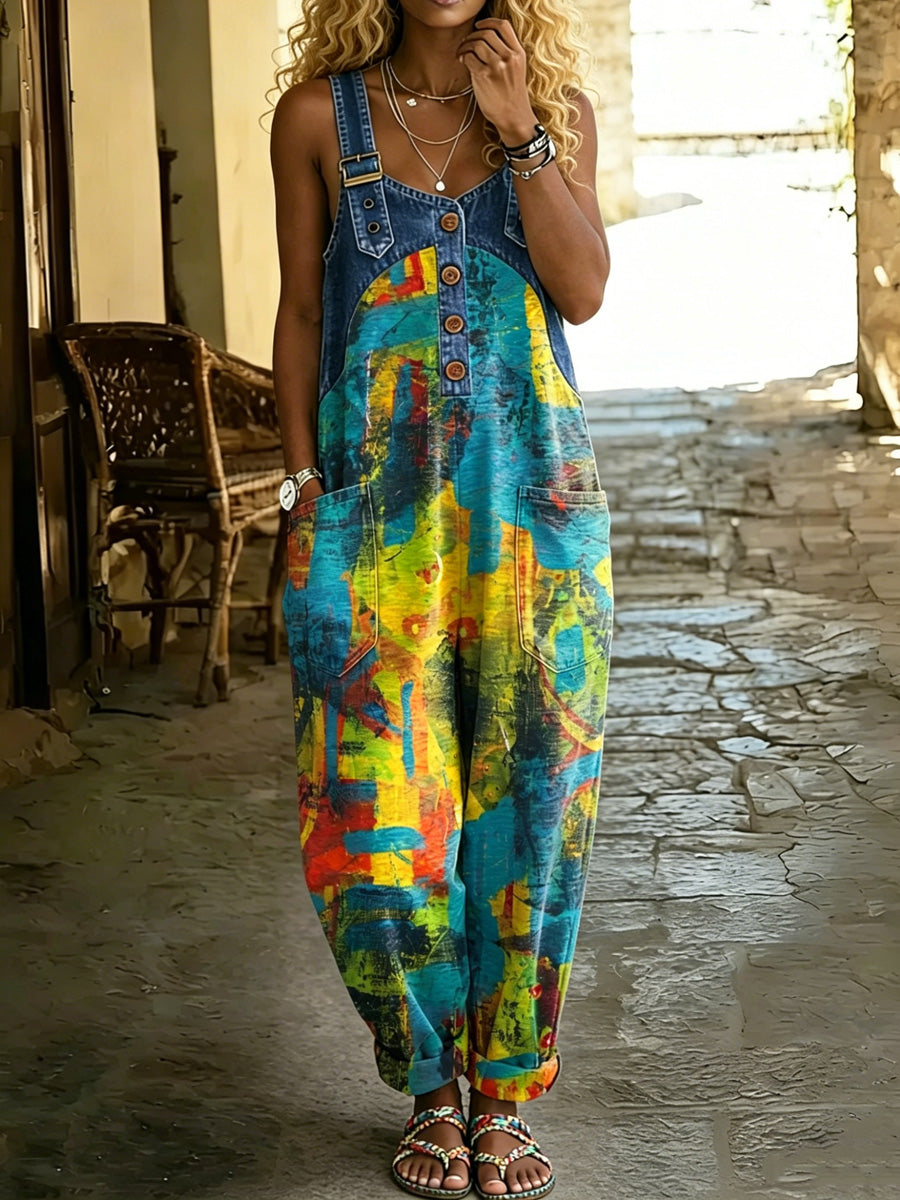 Women's Retro Style Print Washed Cotton Denim Patchwork Jumpsuit