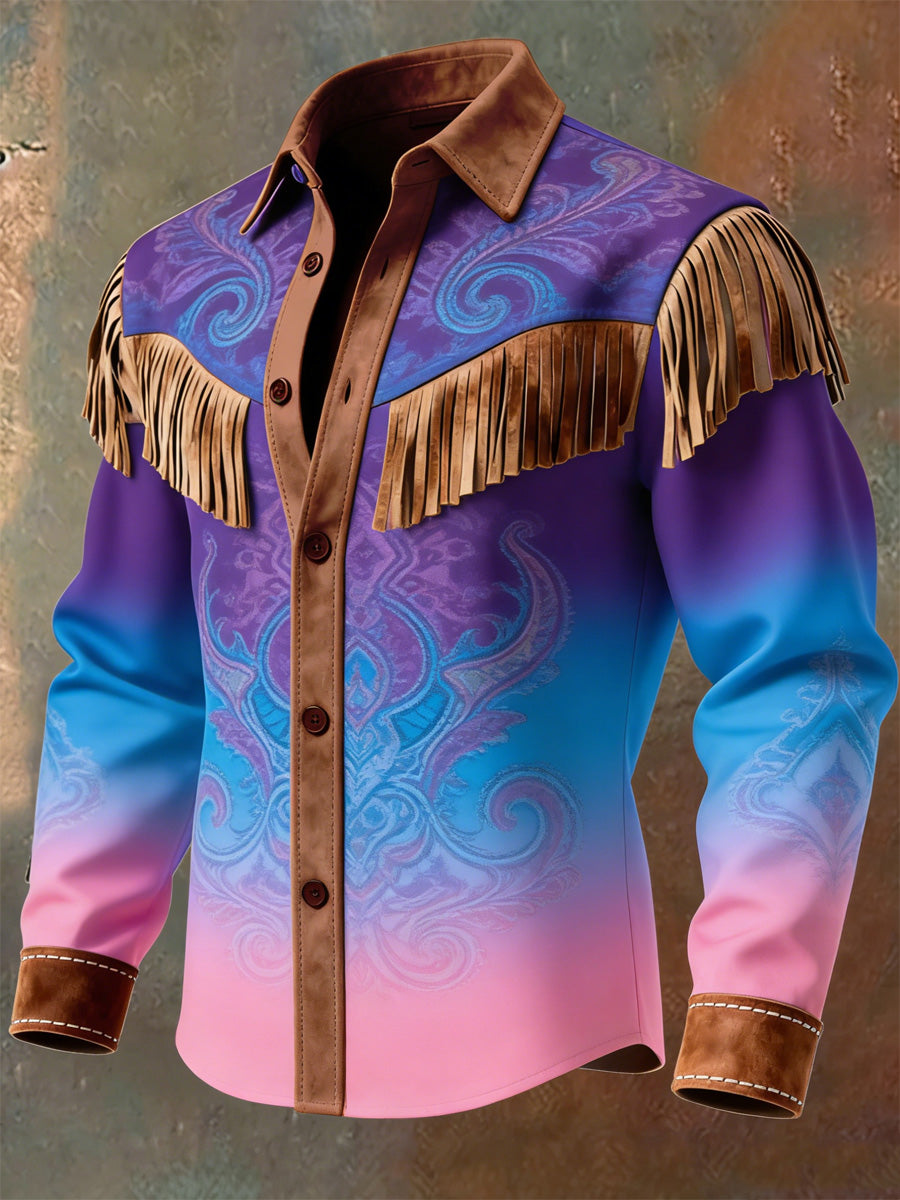 Men's Gradation Art Western Style Print Vintage Tassel Casual Long Sleeve Shirt