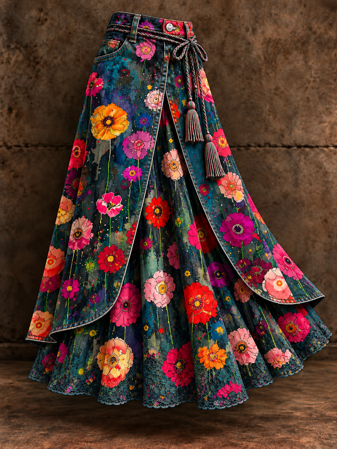 Women's Vintage Floral Asymmetrical Midi Skirt
