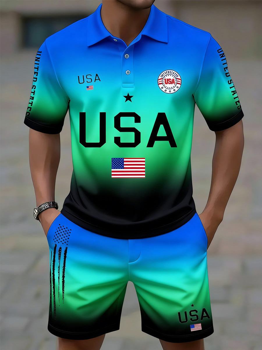 USA Flag Art Printed Resort Style Polo Shirt And Shorts Set