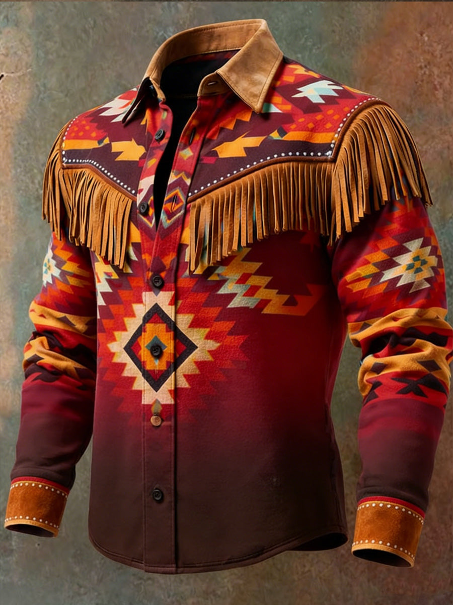 Men's Retro Leisurely Style Art Print Western Vintage Tassel Casual Long Sleeve Shirt
