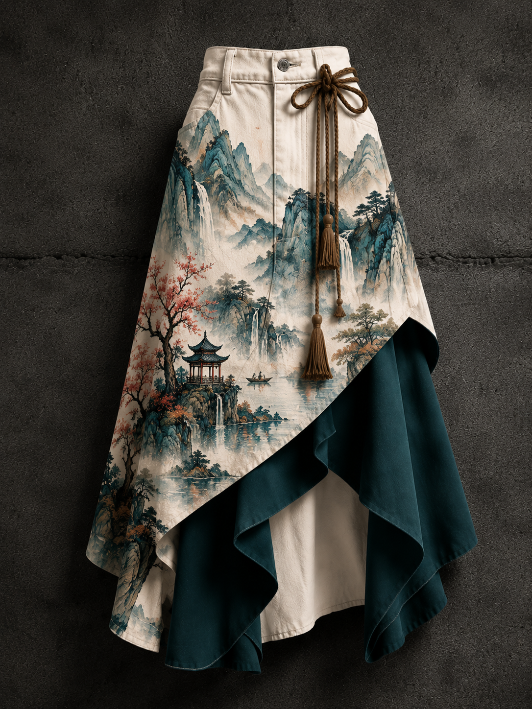 Women's Retro Style Art Print Irregularly Layered Stitched Skirt