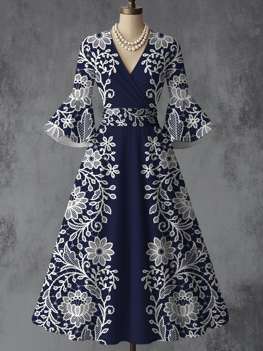 Retro Floral Art Printed V-Neck Vintage Chic Pleated Waist Flare Sleeve Midi Dress
