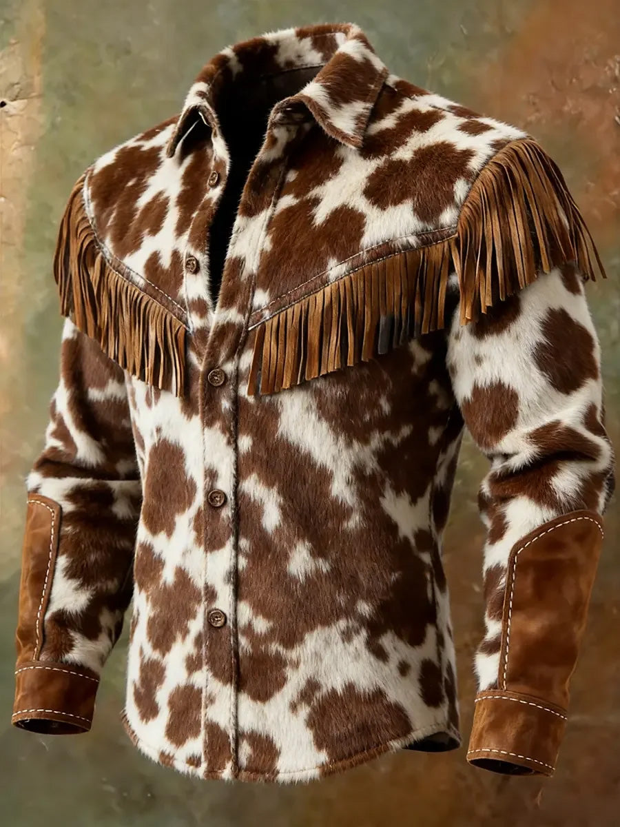 Men's Retro Western Style Print Vintage Tassel Casual Long Sleeve Shirt