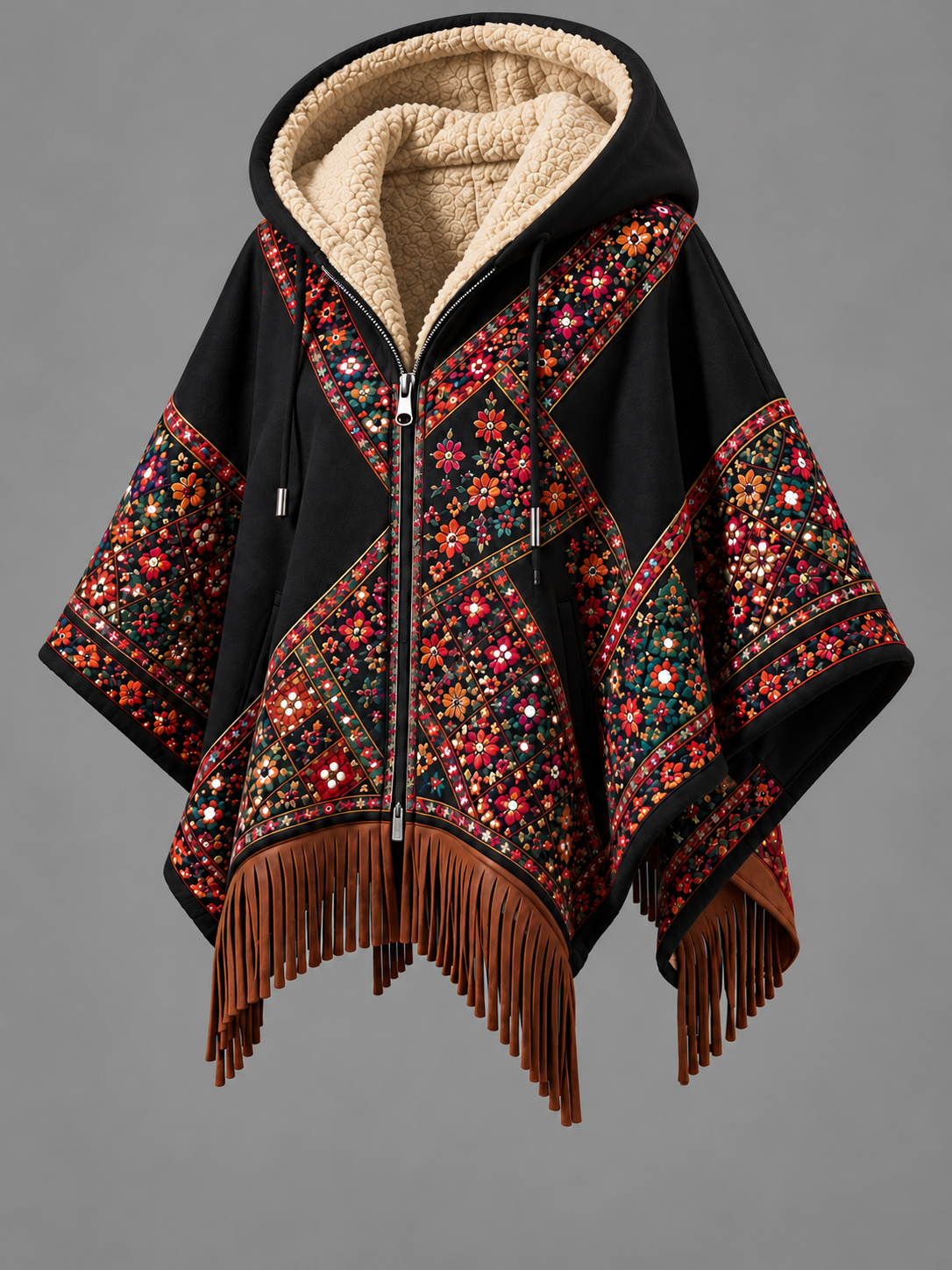 Women's Fall Winter Vintage Art Fleece-Lined Hooded Fringe Poncho