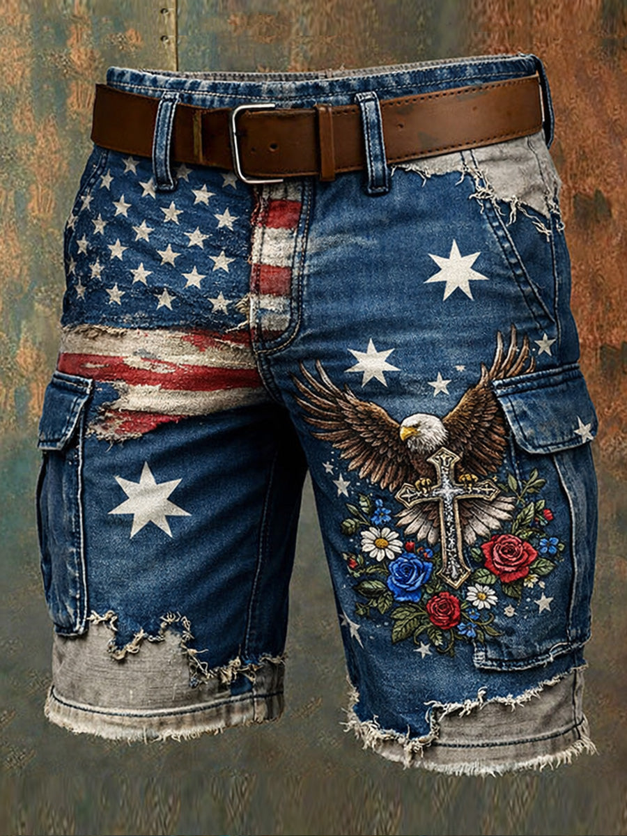 Men's Retro Style USA Flag Art Print Casual Loose Pocket Work Shorts