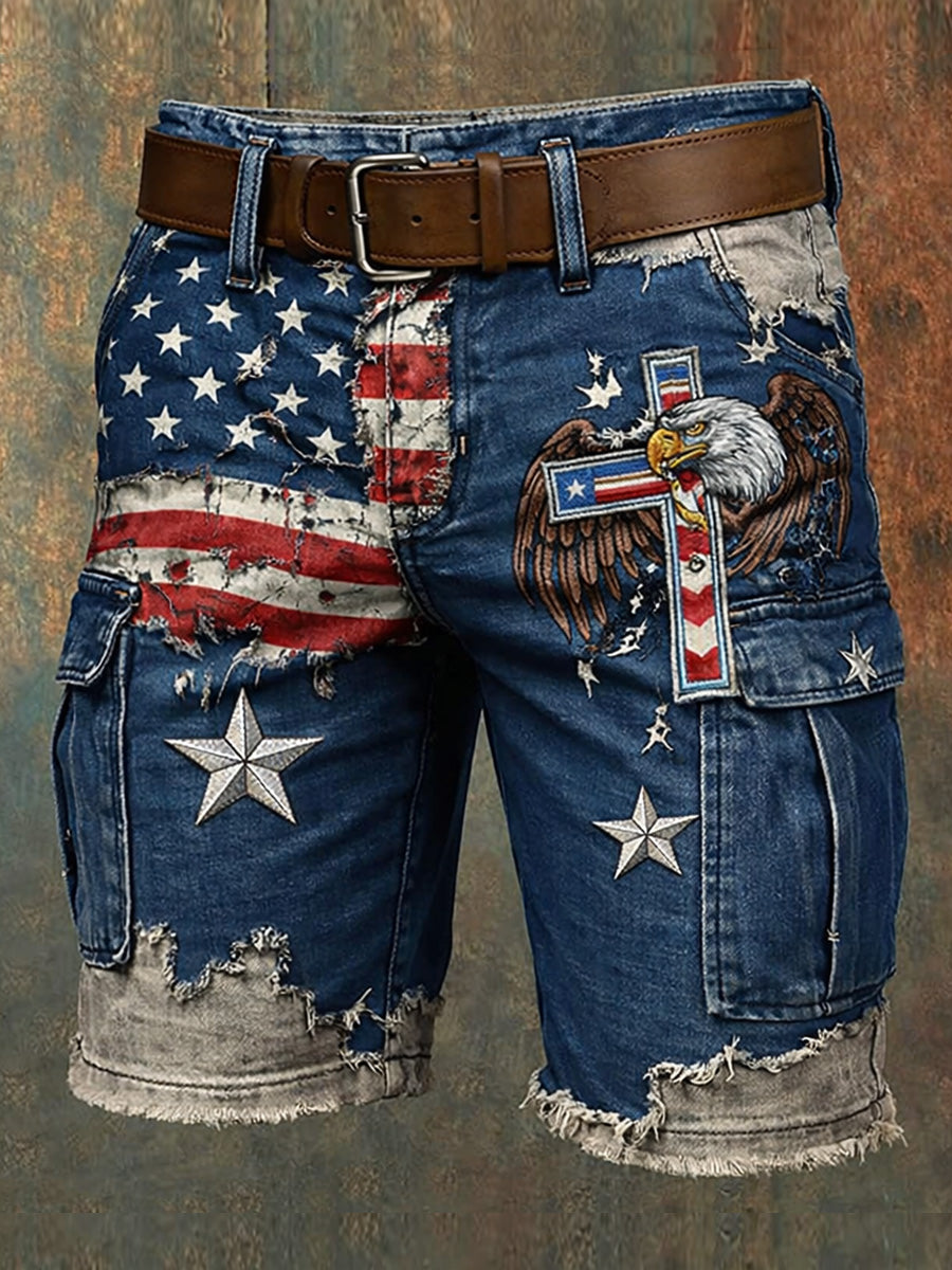 Men's Retro Style USA Flag Art Print Casual Loose Pocket Work Shorts