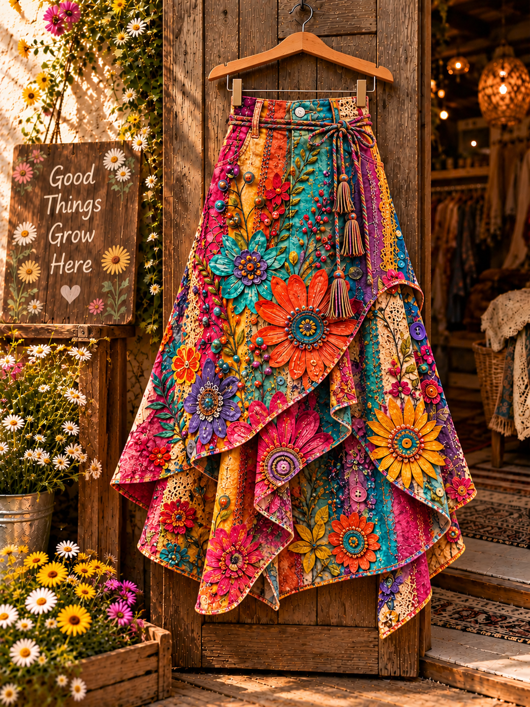 Women's Retro Style Art Print Irregularly Layered Stitched Skirt