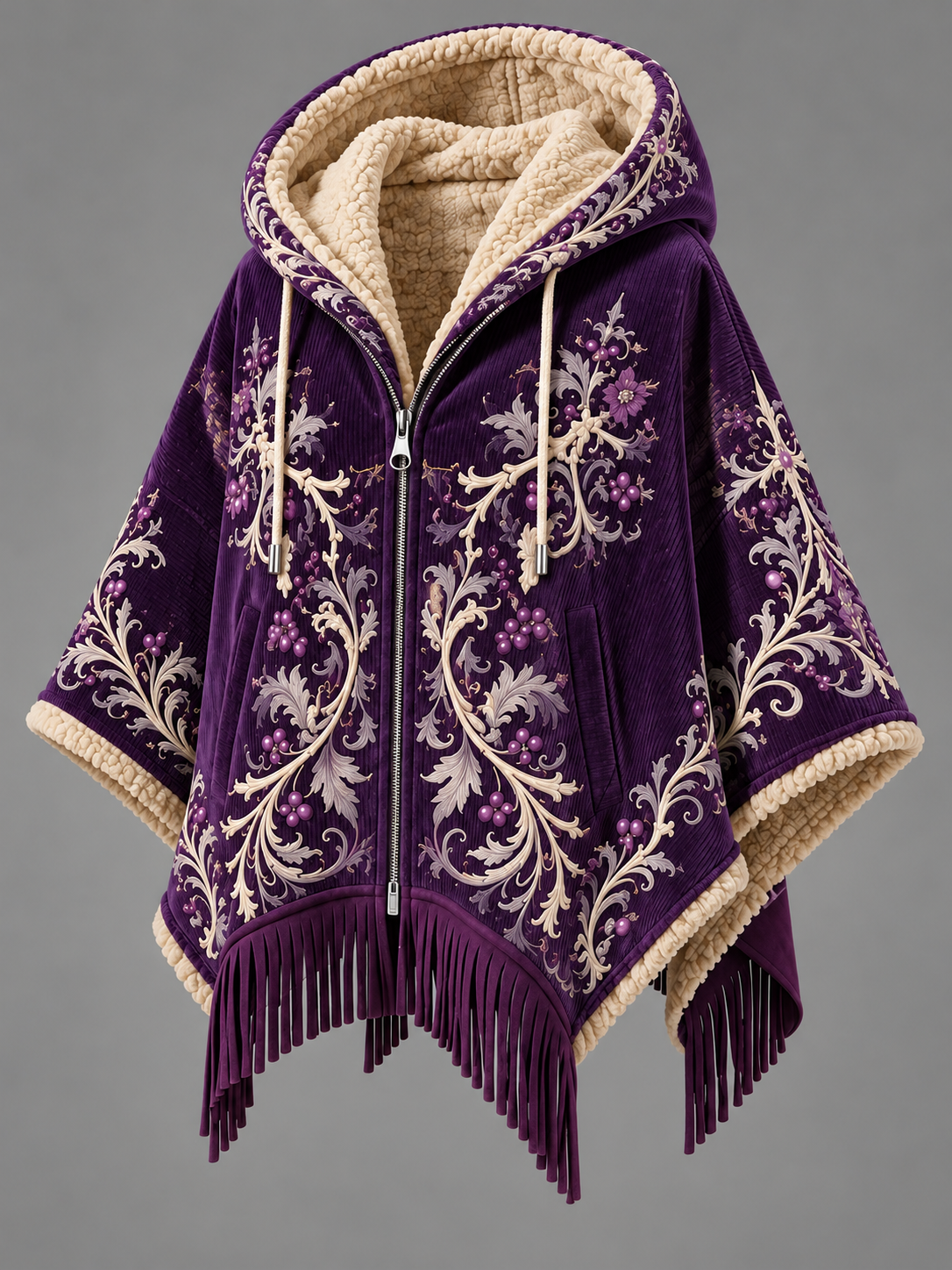Women's Fall Winter Vintage Art Fleece-Lined Hooded Fringe Poncho