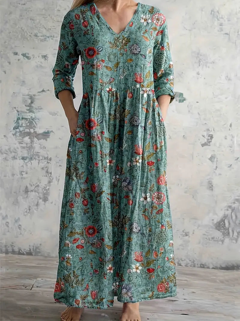 Floral Art Print Long Sleeve Midi Dress