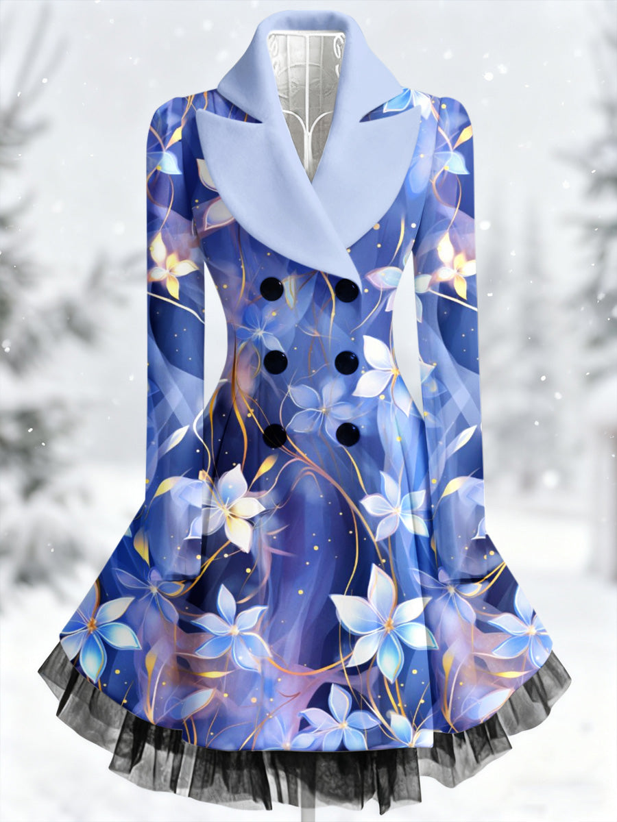 Retro Artistic Floral Print Vintage Elegance Lapel Button Up Long Sleeve Coat Dress