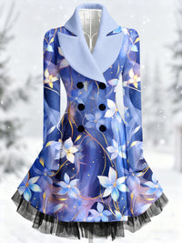 Retro Artistic Floral Print Vintage Elegance Lapel Button Up Long Sleeve Coat Dress