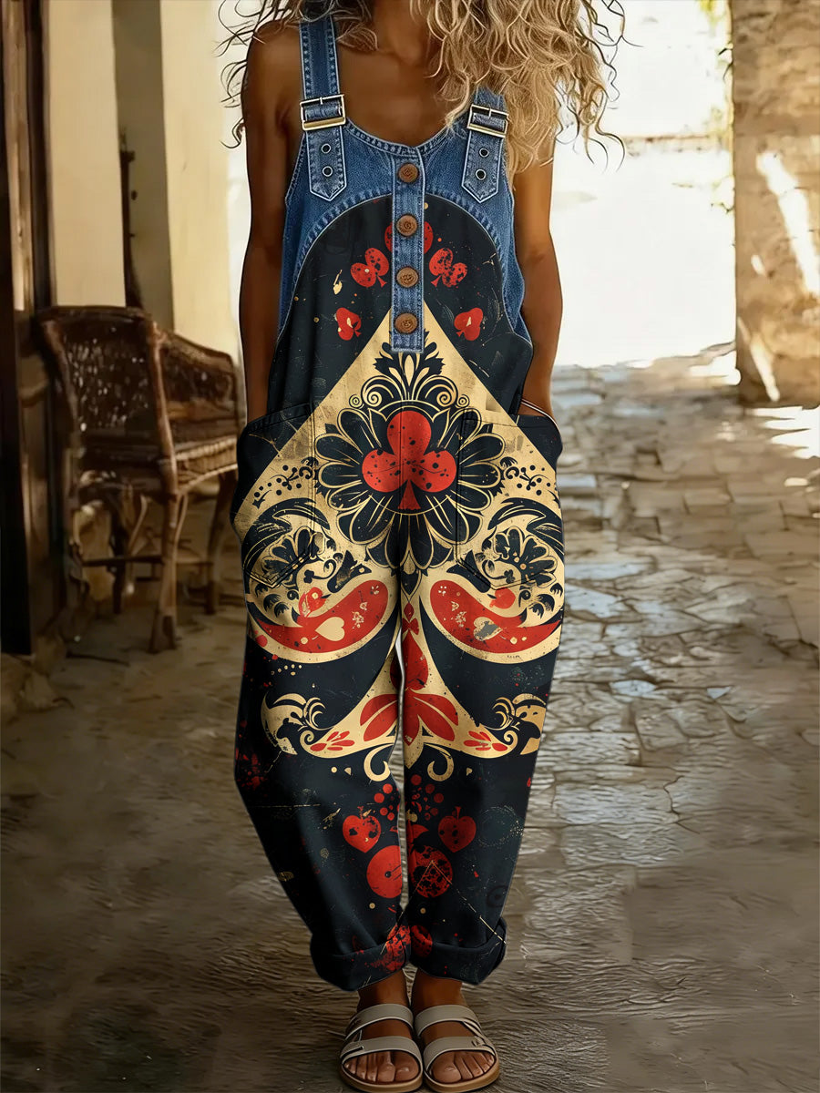 Women's Boho Style Art Print Washed Cotton Denim Patchwork Jumpsuit