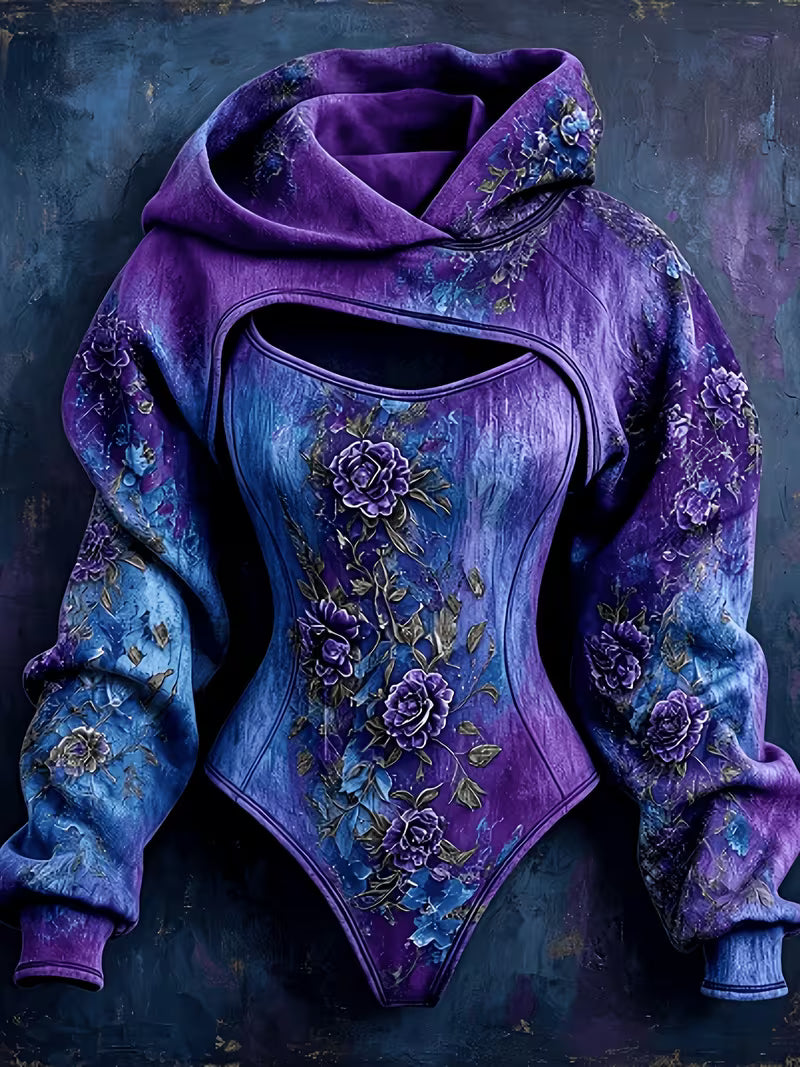 Women's Vintage Art Stretch Bodysuit Hooded Sweatshirt Two-Piece Set