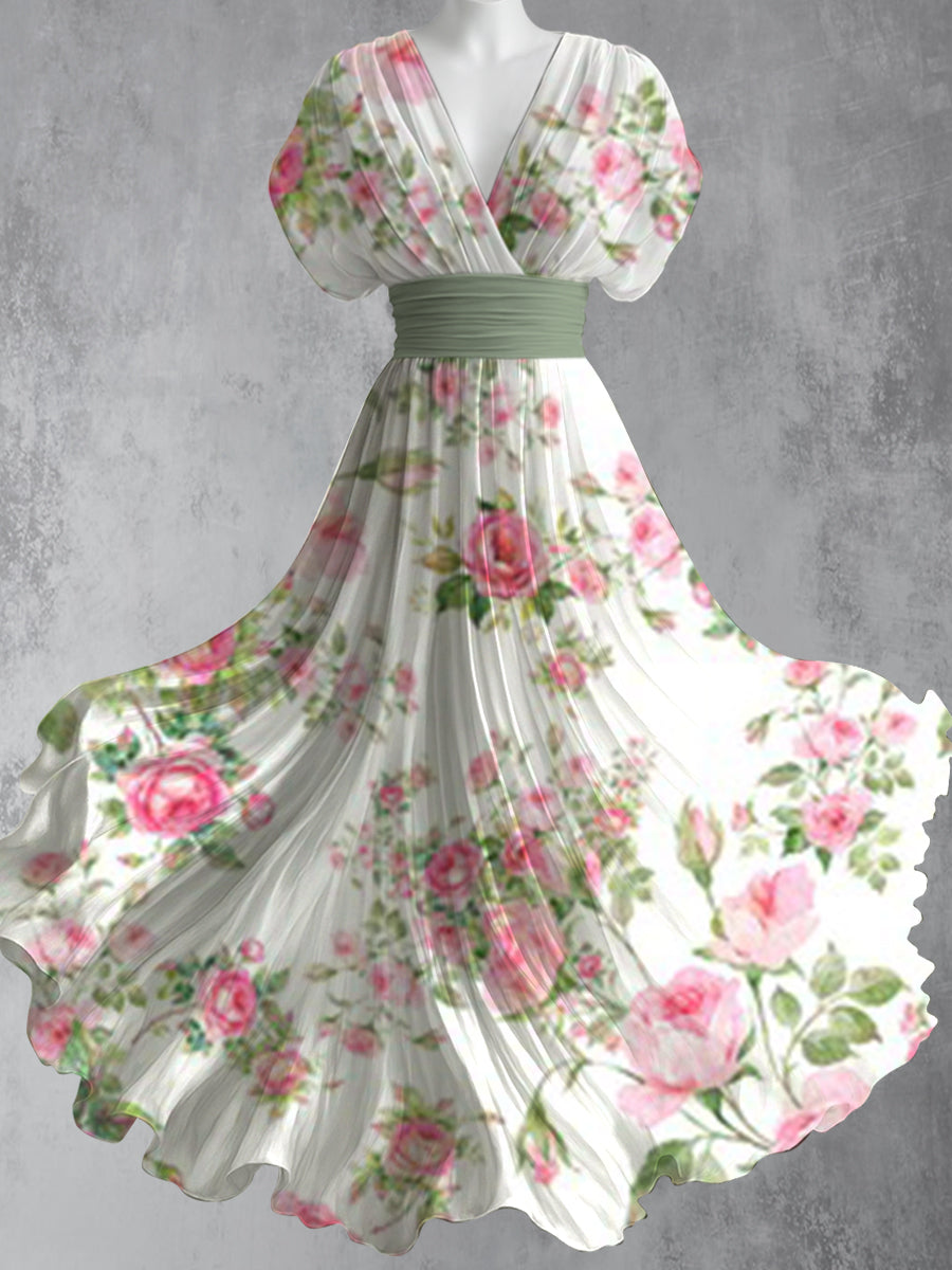 Retro Floral Art Printed Elegant V-Neck Vintage Short Sleeve Maxi Dress