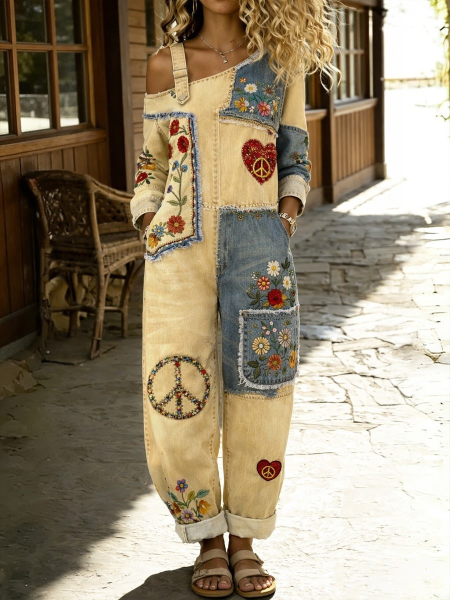 Women's Retro Floral Color-Blocked Art Print Washed Cotton Denim Patchwork Jumpsuit