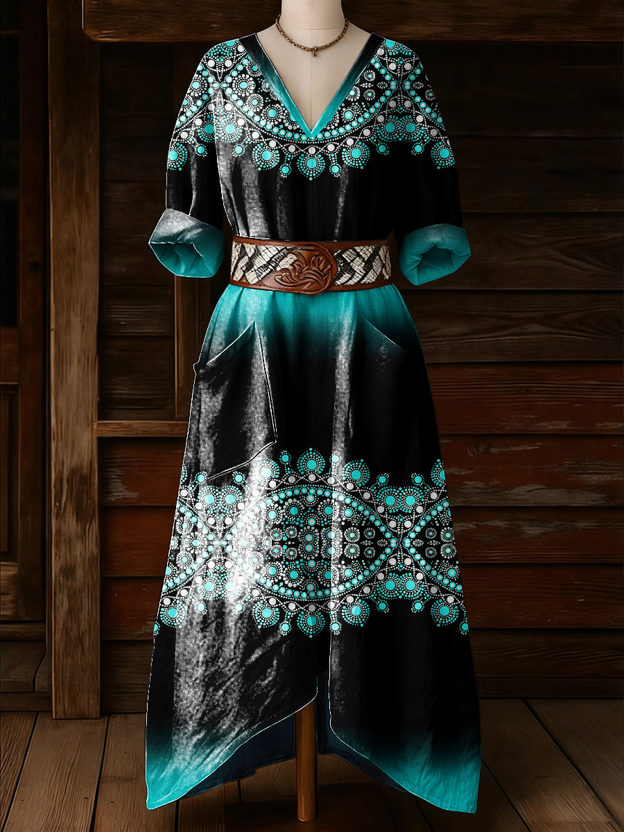 Women's Retro Floral Art Print Casual Vintage V-Neck Pocket Long-Sleeve Maxi Dress