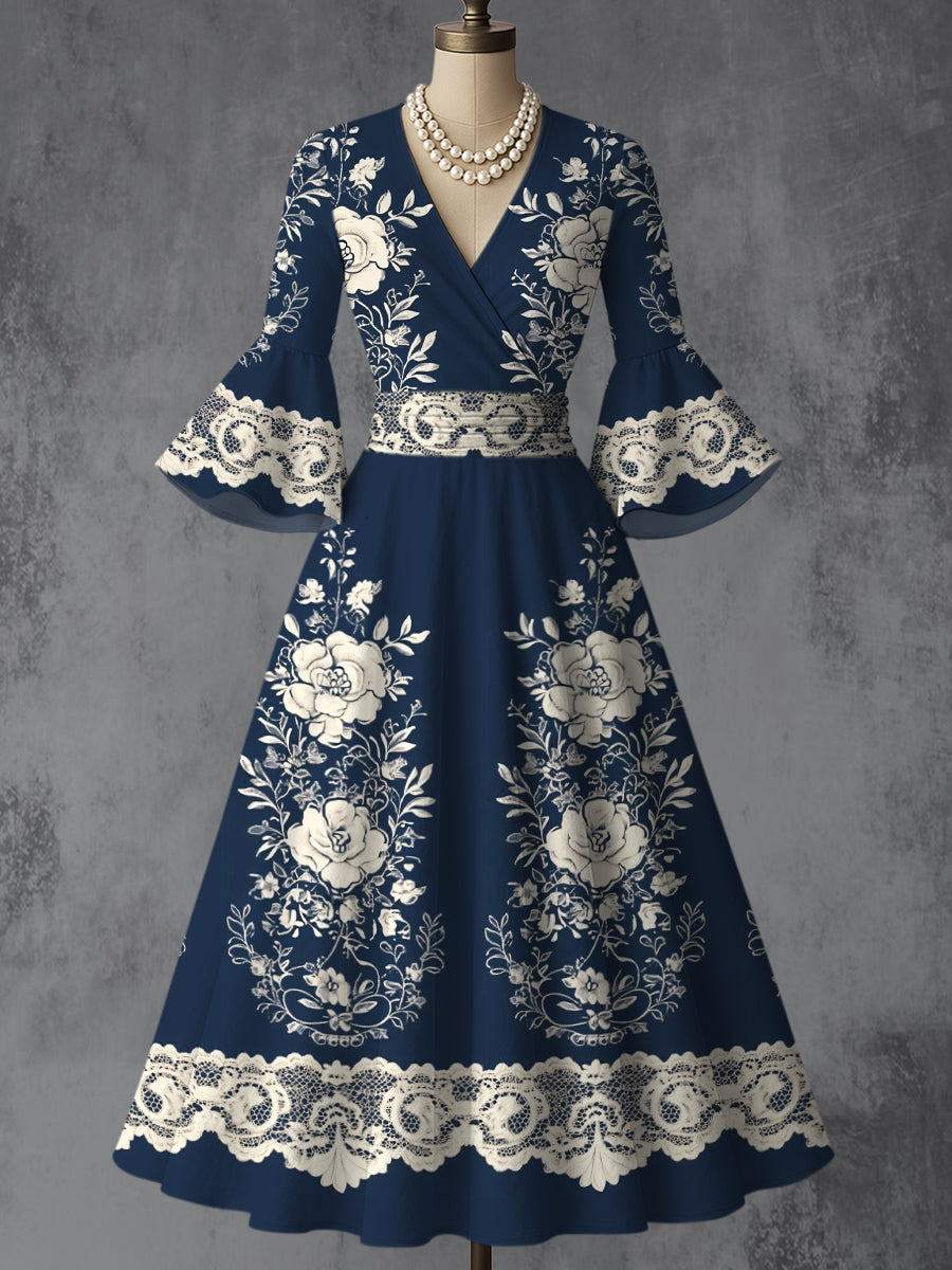 Retro Floral Art Printed V-Neck Vintage Chic Pleated Waist Flare Sleeve Midi Dress