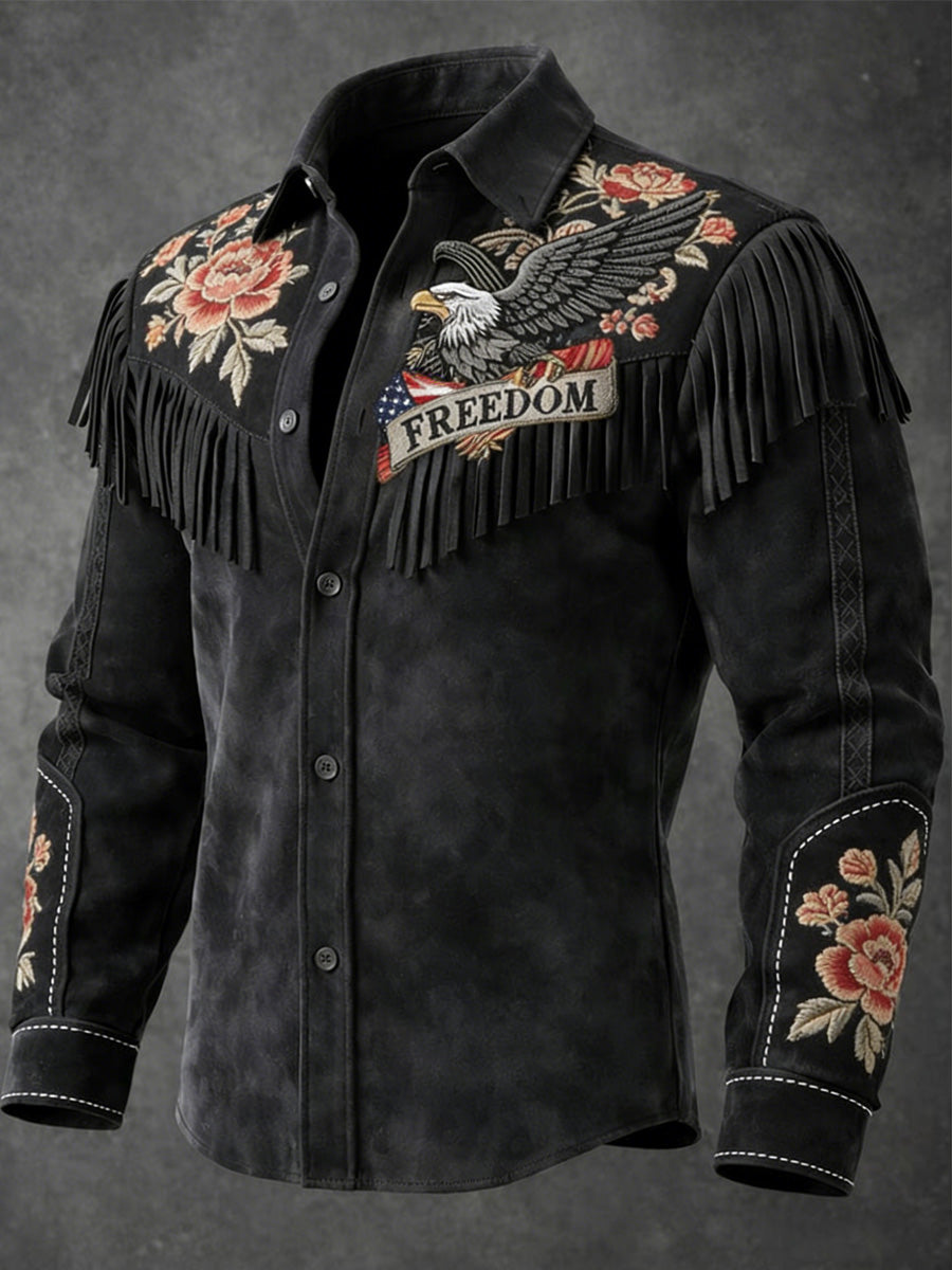 Men's Retro Freedom American Eagle Print Vintage Tassel Casual Long Sleeve Shirt