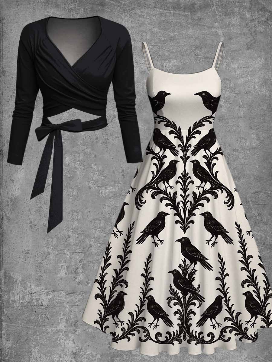 Retro Gothic Floral Art Printed Vintage Unique Slim Fit Cross Wrap Long Sleeve Two-Piece Midi Dress