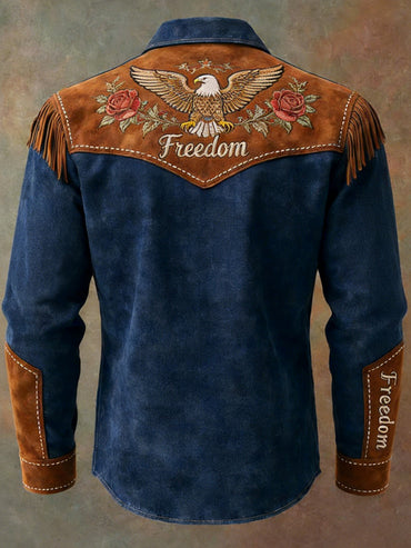 Men's Retro Freedom American Eagle Print Vintage Tassel Casual Long Sleeve Shirt