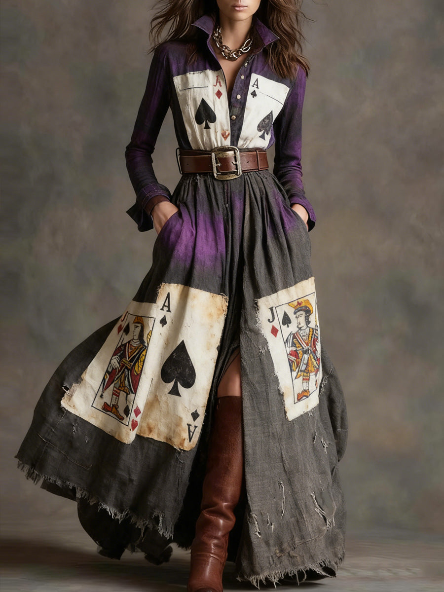 Retro Poker Art Texture Printed V-Neck Vintage Pocket-Style Long Sleeve Maxi Dress
