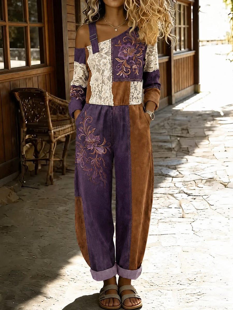 Women's Retro Style Art Print Washed Cotton Denim Patchwork Jumpsuit