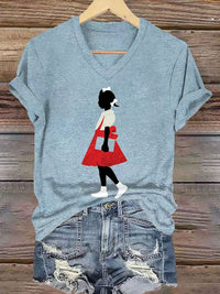 Women's  Black Girl In Red Dress Art Print Cotton Long Sleeve T-Shirt