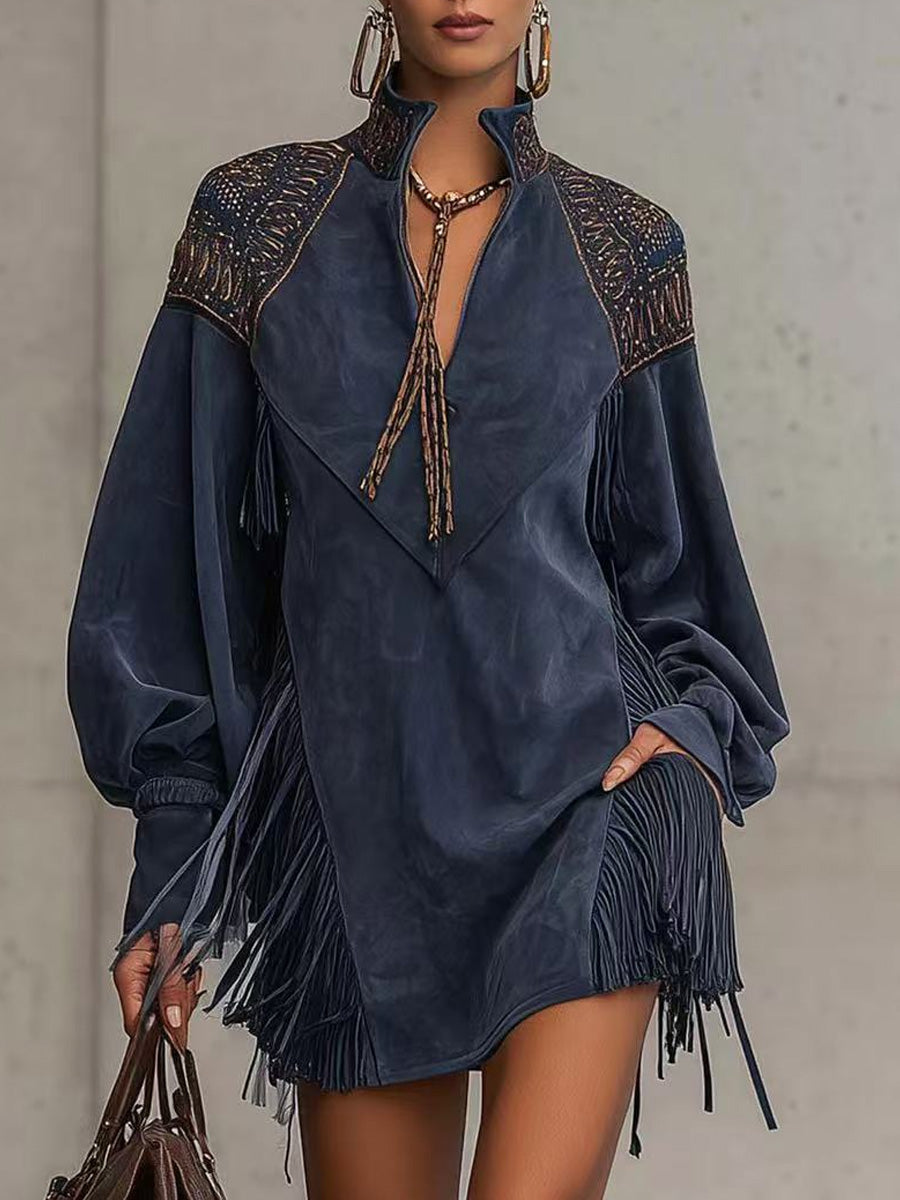 Retro Western Boho Art Suede Fleece V-Neck Vintage Tassel Long Sleeve Midi Dress