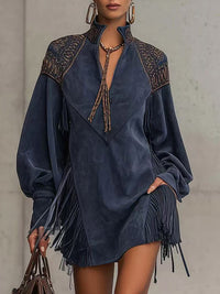 Retro Western Boho Art Suede Fleece V-Neck Vintage Tassel Long Sleeve Midi Dress