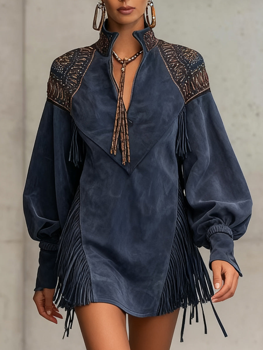 Retro Western Boho Art Suede Fleece V-Neck Vintage Tassel Long Sleeve Midi Dress