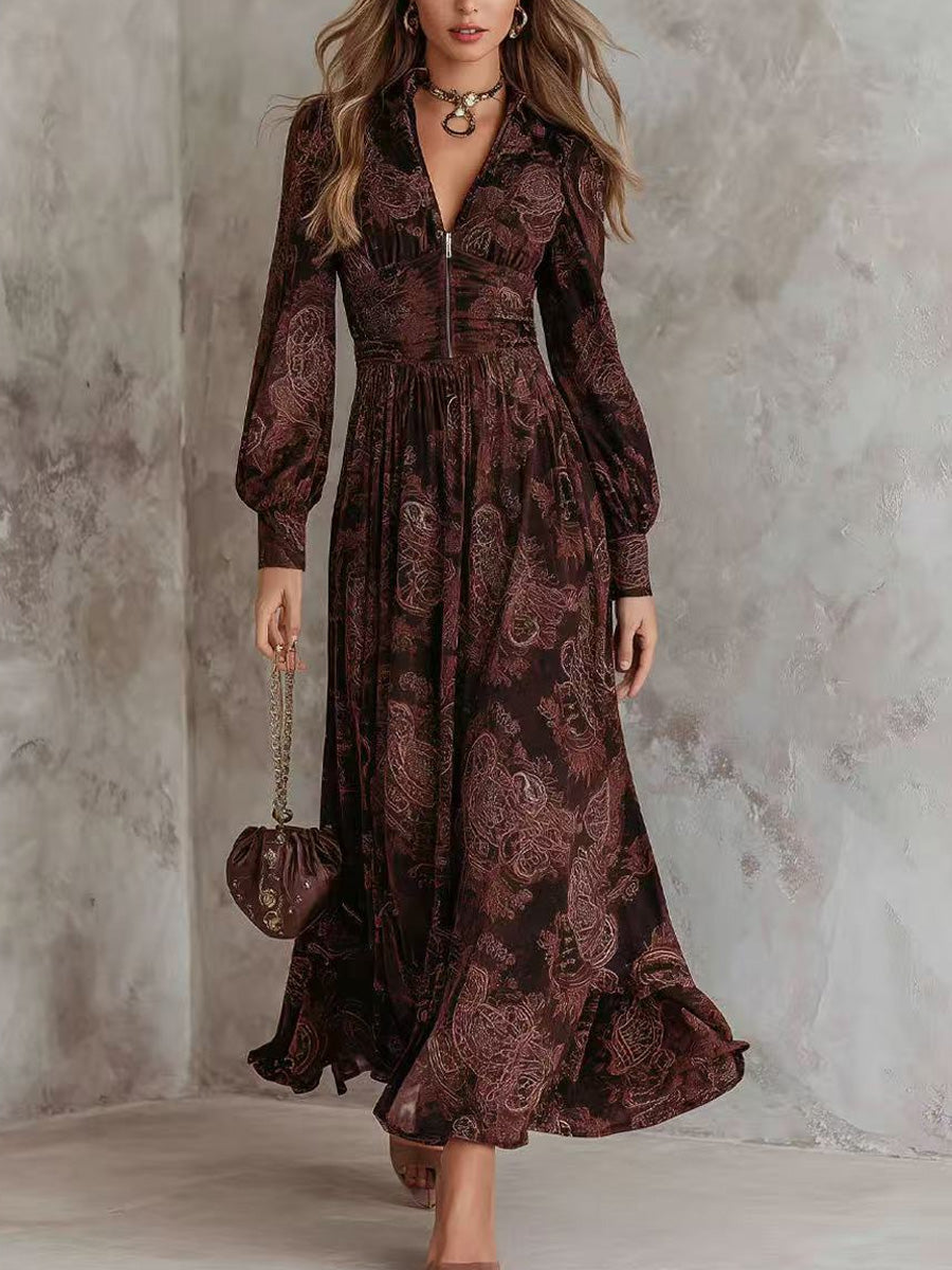 Retro Western Pattern Art V-Neck Zipper Pleated Waist Vintage Chiffon Maxi Dress