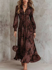 Retro Western Pattern Art V-Neck Zipper Pleated Waist Vintage Chiffon Maxi Dress