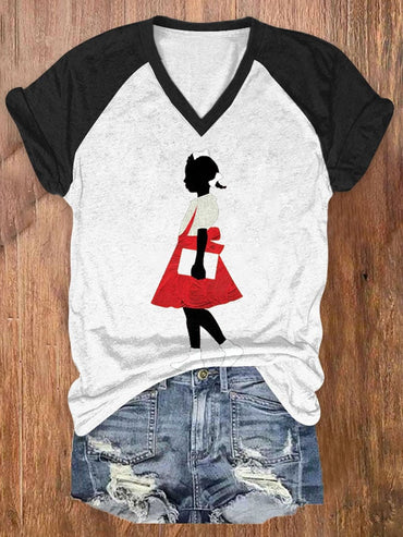 Women's  Black Girl In Red Dress Art Printed Short-Sleeved T-Shirt