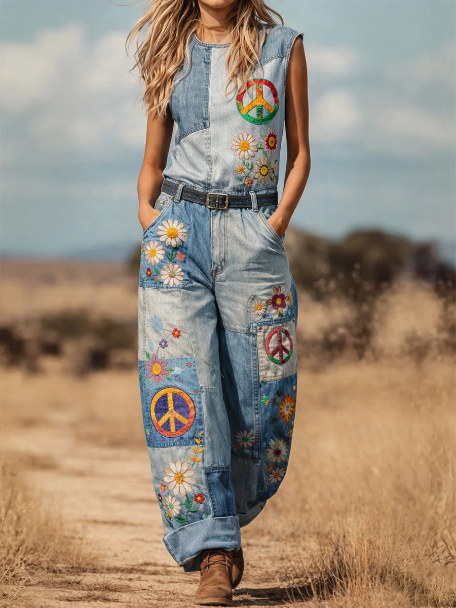 Women's Retro Floral Color-Blocked Art Print Round Neck Denim Patchwork Jumpsuit