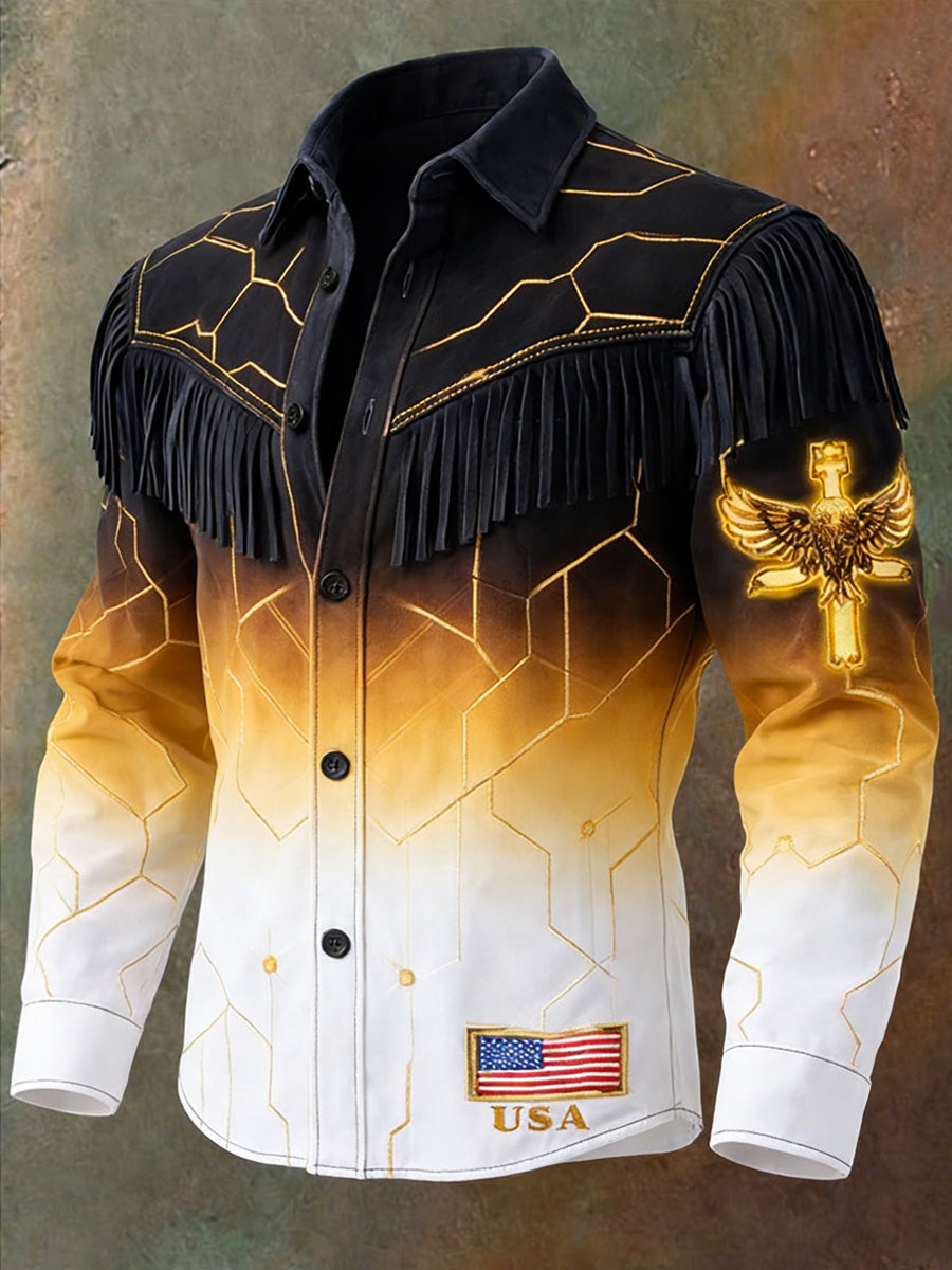 Men's Retro USA Flag Art Print Western Vintage Tassel Casual Long Sleeve Shirt