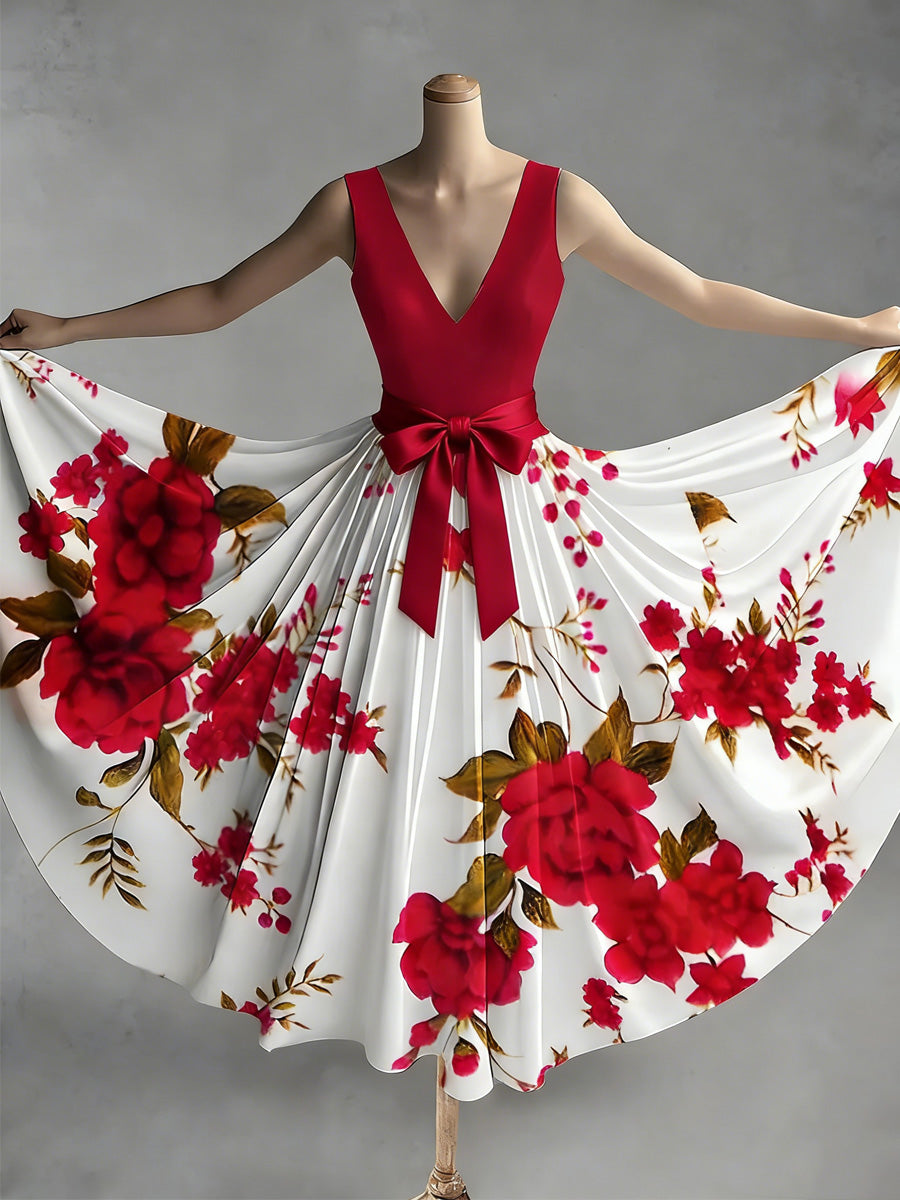 Retro Style Art Print V-Neck Sleeveless Cotton Maxi Dress