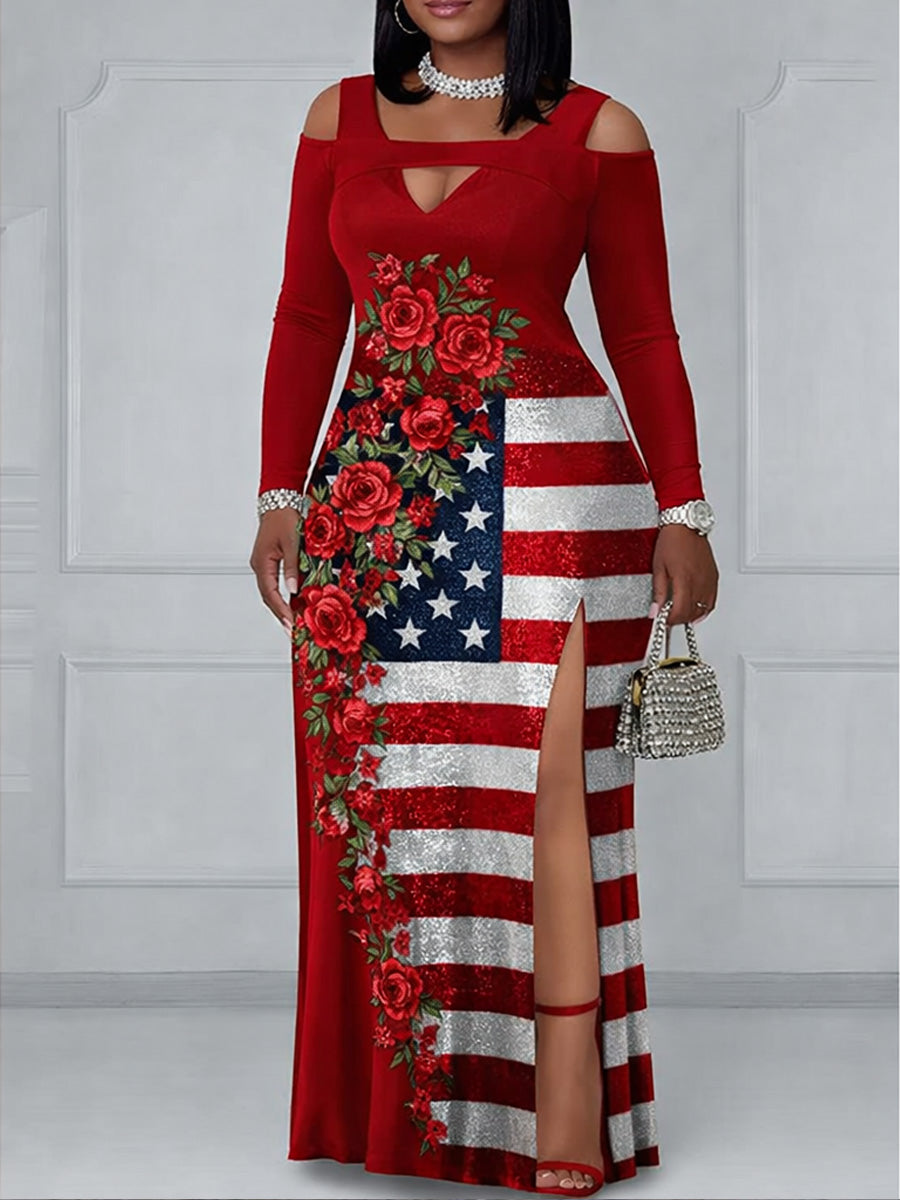 Retro 250th Anniversary Floral Art Printed Vintage Off Shoulder Style Slit Maxi Dress
