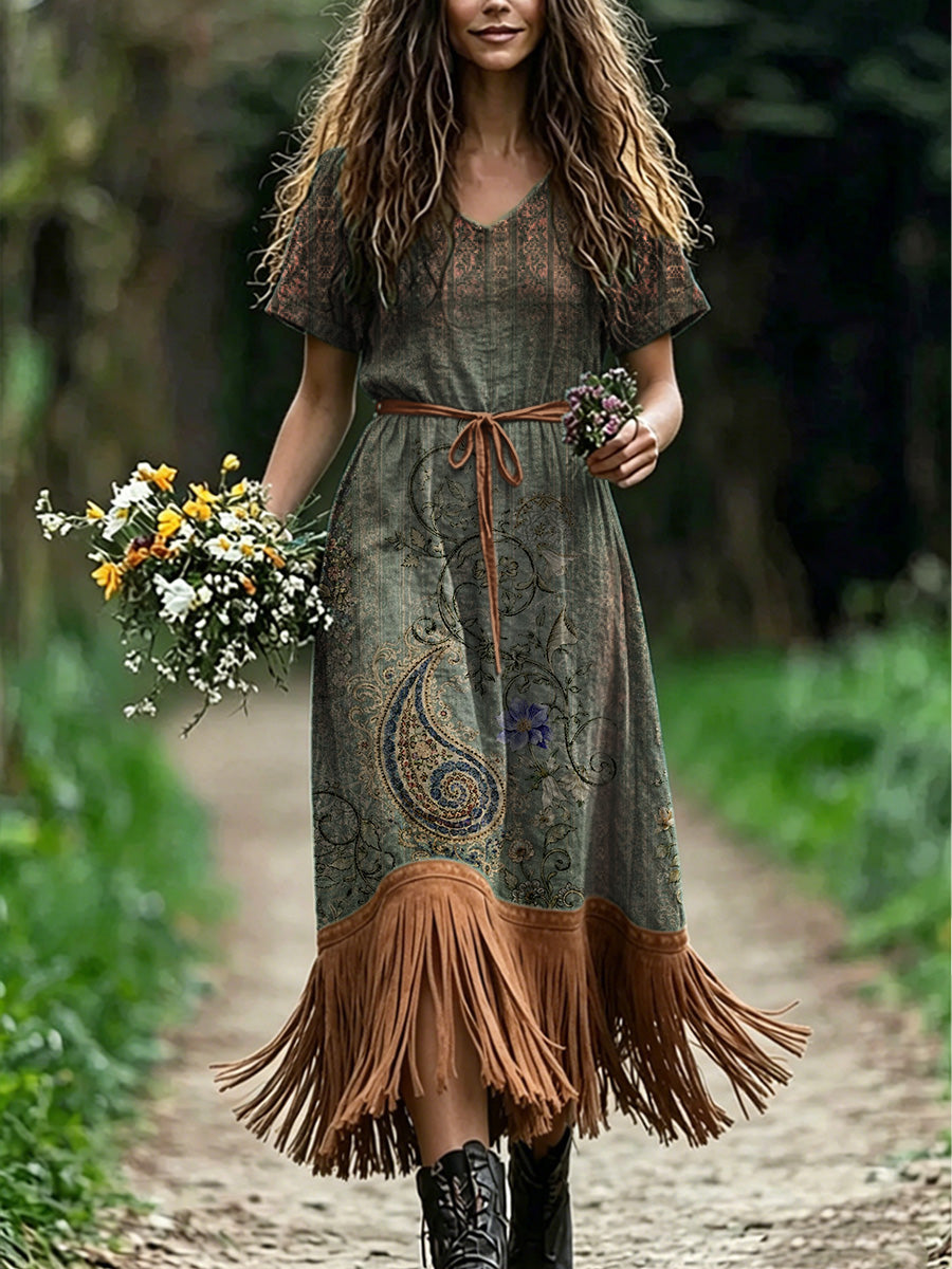Women's Retro Floral Art Print Casual Vintage V-Neck Short-Sleeve Tassel Dress