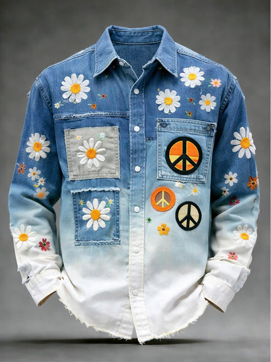 Men's Hippie Art Print Cotton Vintage Casual Cotton Long Sleeve Shirt