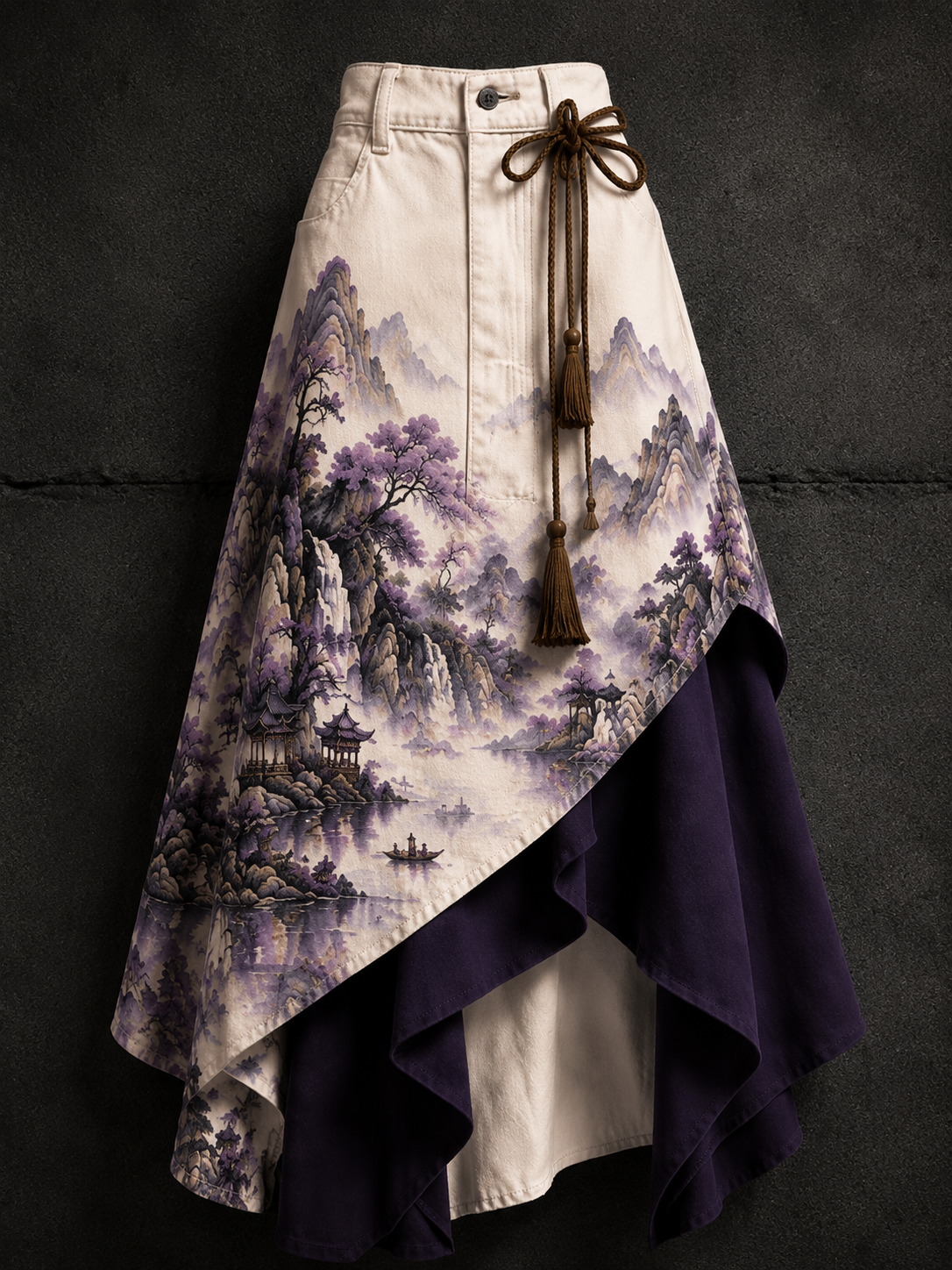 Women's Retro Style Art Print Irregularly Layered Stitched Skirt