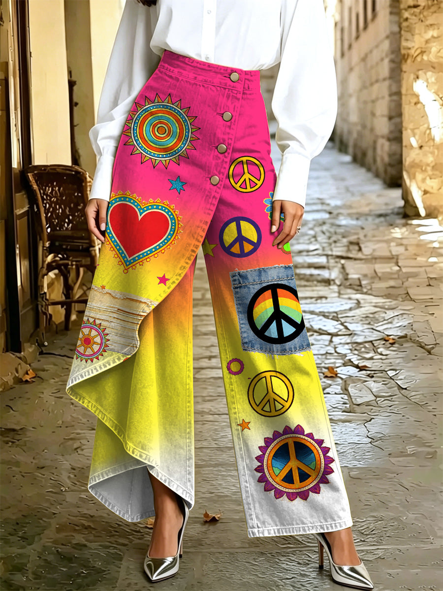 Women's Retro Hippie Art Print Casual Style Irregular Wide Leg Pants