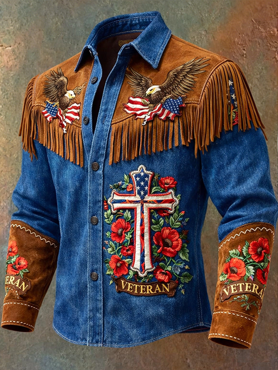 Men's Retro U.S 250 American Eagle Print Western Vintage Tassel Casual Long Sleeve Shirt