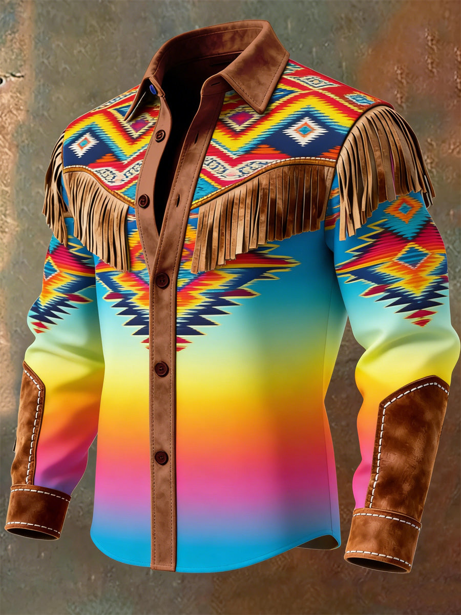 Men's Gradation Art Western Style Print Vintage Tassel Casual Long Sleeve Shirt
