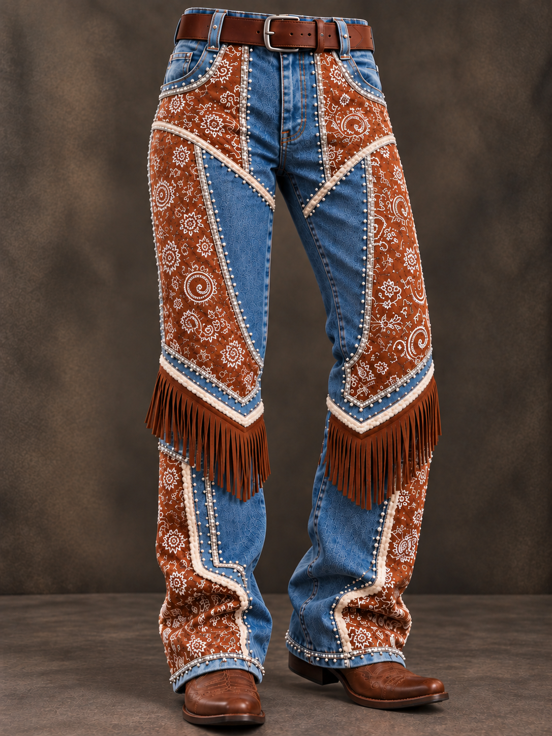 Vintage Western Aztec Art Print Fringe Pants