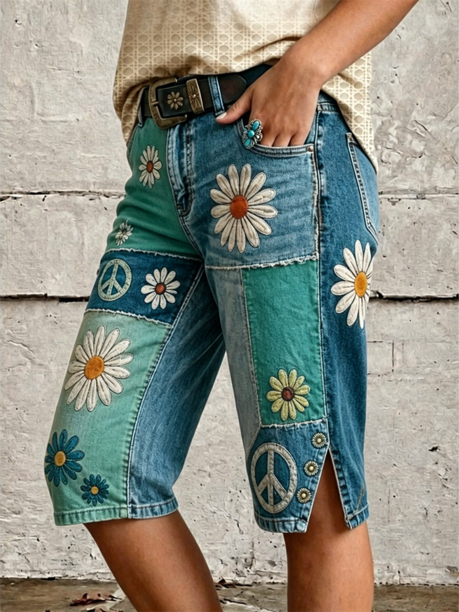 Retro Style Floral Print Vintage Casual Denim Shorts